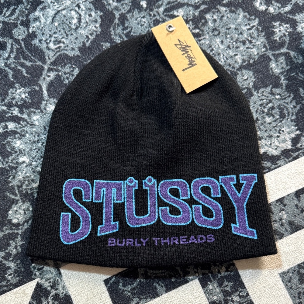 Stussy Black Beanie with Purple and Teal Logo